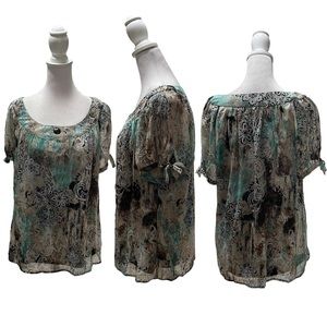 Sara Michelle Multicolor Print Short Tie Sleeve Scoop Neck Blouse Size PXL